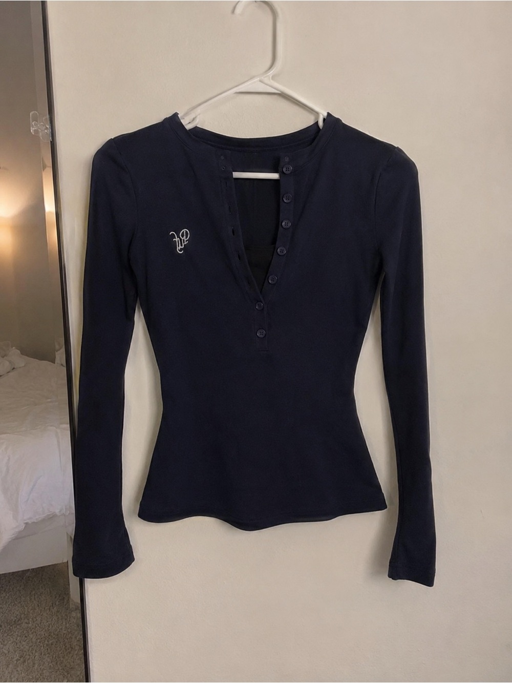 Long-Sleeve Navy Henley Top with Embroidered Monogram
